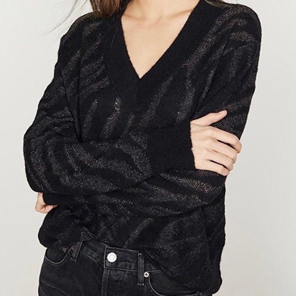 Rag & Bone Germain V Neck Sweater Zebra Stripe Metallic Black Silver Alpaca XS - Picture 1 of 13